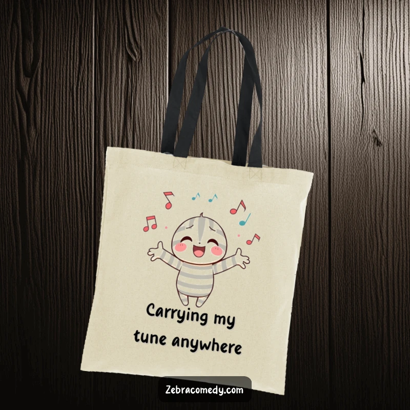 Funny tote bag adorned with a joyful striped character and a cascade of musical notes, ideal for carrying essentials with a melodic flair.