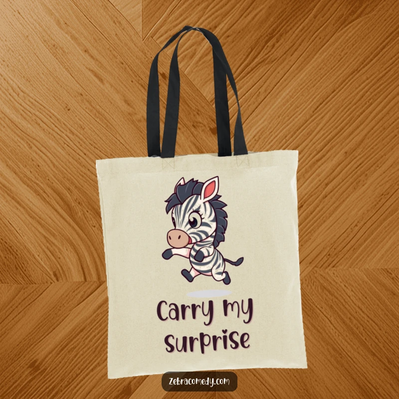 Funny Tote Bag: A zebra character leaps backward in wide-eyed, playful shock, adding a humorous and eye-catching design to this practical bag.