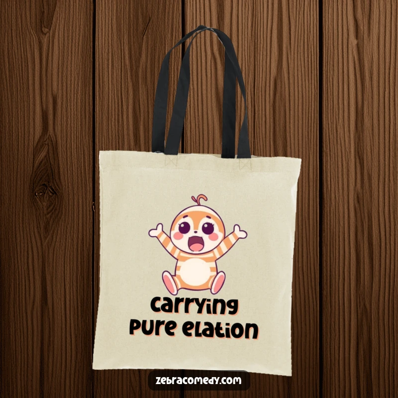 Funny tote bag with a surprised striped character captured in a delightful, energetic mid-air jump, perfect for carrying essentials.