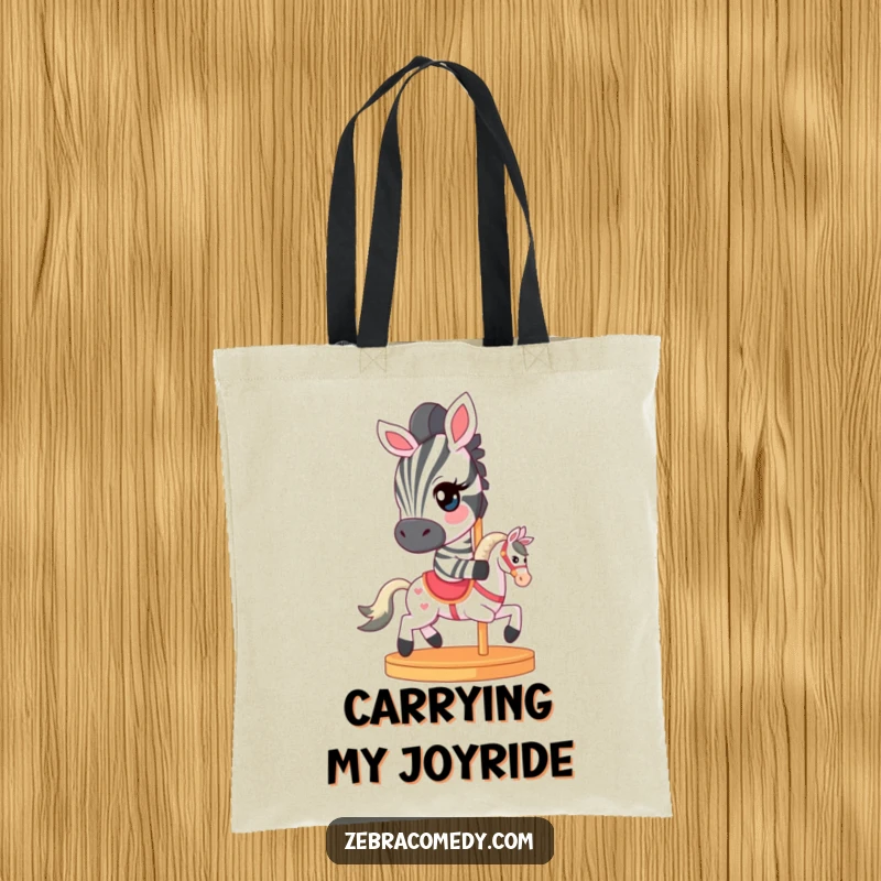 Funny Tote Bag showcasing a zebra character with a mischievous wink, riding a miniature carousel horse, a charming and humorous accessory.