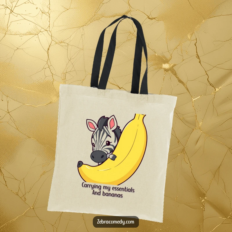Funny tote bag illustrating a playful zebra peeking around a giant cartoon banana, perfect for carrying groceries with humor.