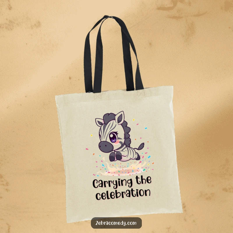 Funny Zebra Tote Bag: A zebra with expressive eyes leaping over confetti, carrying fun and celebration, gift idea.