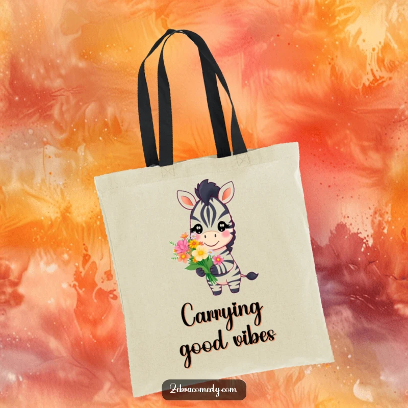 Funny zebra character with a sweet smile offering a bouquet of flowers, featured on a durable tote bag for cheerful carrying.