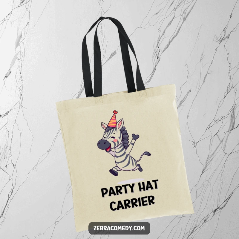 Funny Zebra Tote Bag featuring a zebra leaping with joy and wearing a party hat, a fun and practical accessory.