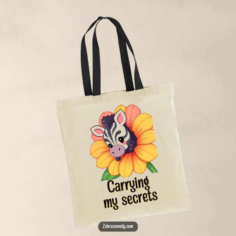 Funny tote bag featuring a curious zebra character peeking from behind a large flower, perfect for carrying items with playful wonder.