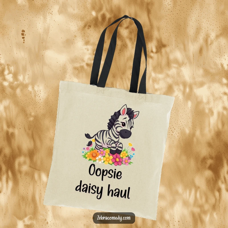 Funny zebra character comically slipping on colorful flowers, a practical and amusing tote bag for carrying fun.
