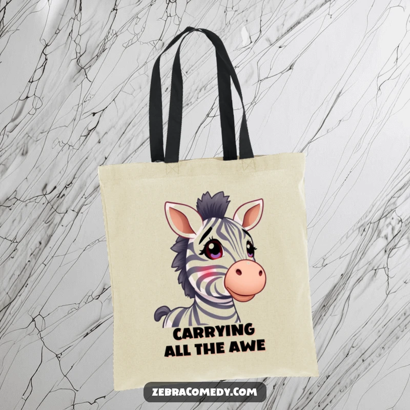 Funny zebra tote bag, stripy ears perked, looking up in wonder, a charming and humorous accessory.
