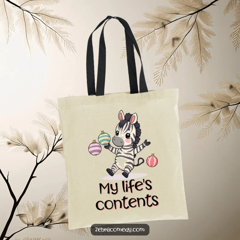 Funny Zebra Tote Bag: A zebra comically tripping while juggling baubles, a humorous and practical carry-all.