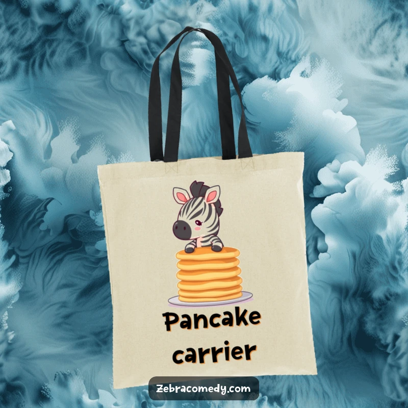 Funny tiny zebra tote bag featuring a small zebra balancing a wobbly stack of pancakes, perfect for carrying goodies.